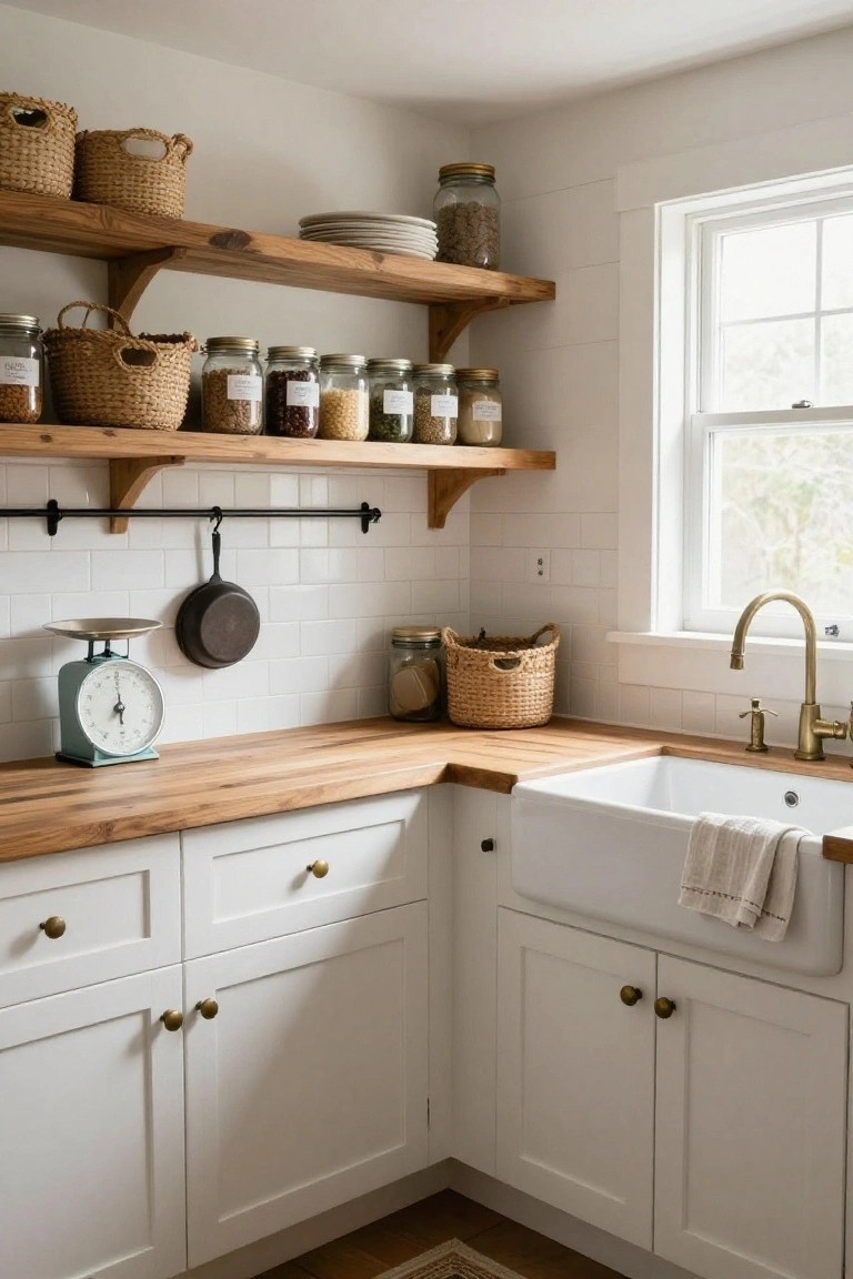 Farmhouse kitchen corner with open wooden shelves stocked with labeled glass jars of grains and beans, wicker baskets, white subway tile backsplash, butcher block counters, white cabinets, brass faucet, and white farmhouse sink.