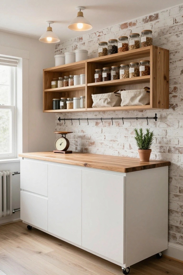 White low cabinets on wheels with a light wood butcher block top in a kitchen nook, wooden open shelves above holding numerous glass jars of spices and dry goods against a whitewashed brick wall, pendant lights overhead, and a small potted plant nearby.