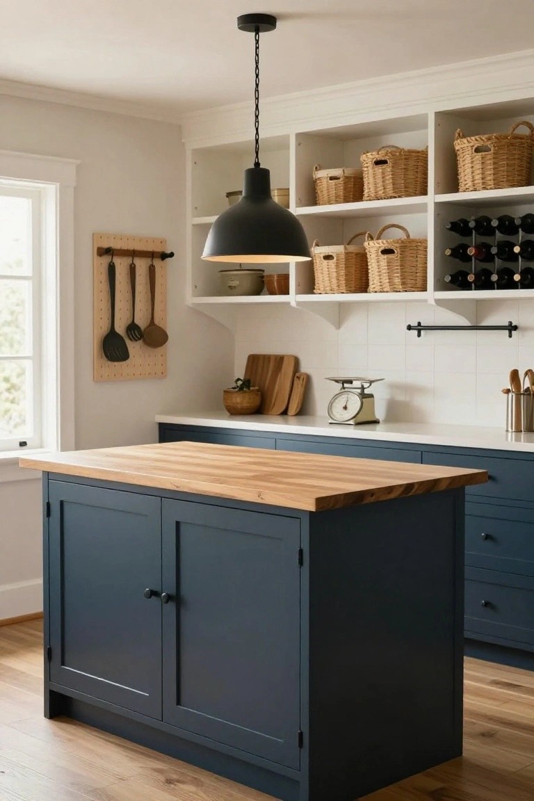 Farmhouse kitchen with navy blue wood island topped by butcher block countertop, white open upper shelving holding multiple wicker baskets, wine rack, black pendant light, pegboard utensil rack, and white subway tile backsplash.