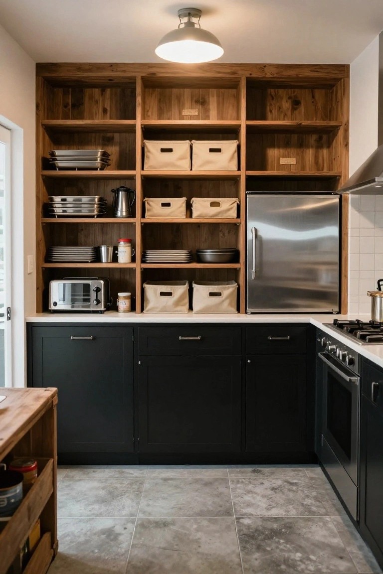 Walk-in pantry with light wood open shelving around a stainless steel fridge, stocked with beige fabric bins, metal trays, plates, and kitchen appliances, dark cabinets below, white countertop, and wooden island cart in foreground.