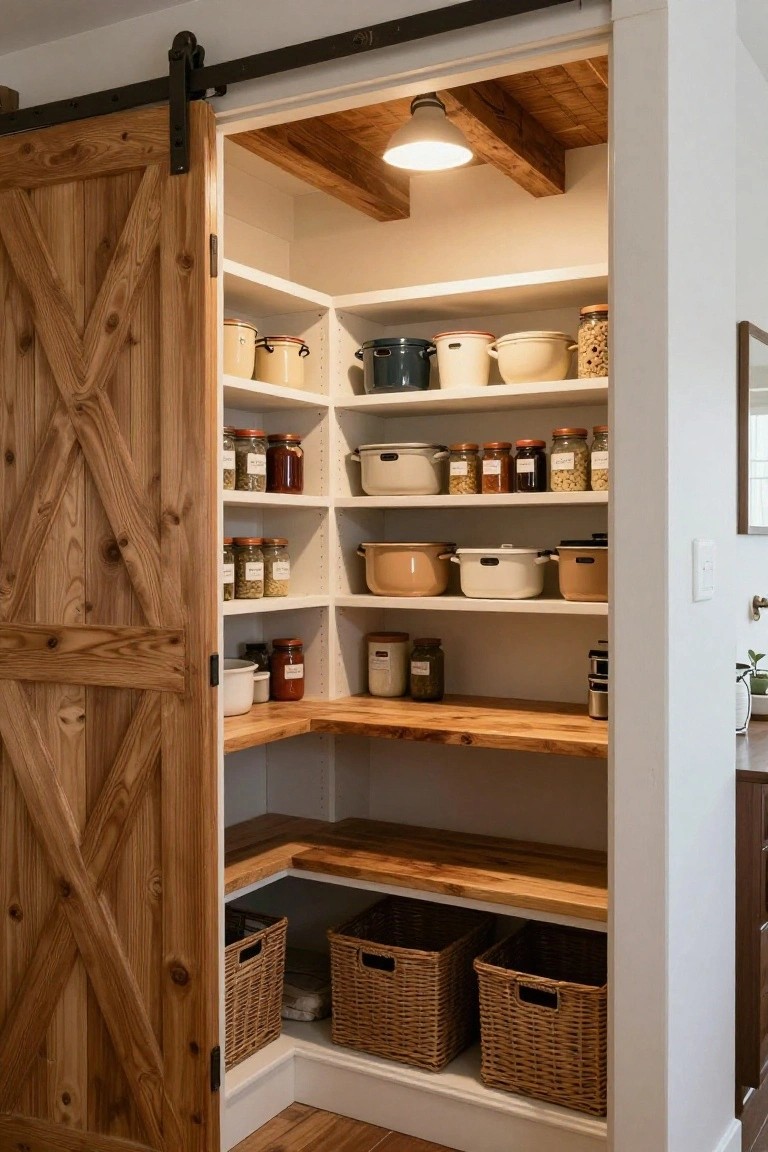 Wooden X-braced sliding barn door open on black track revealing a corner walk-in pantry with white upper shelves stocked with glass jars and ceramic crocks, wooden angled lower benches holding woven baskets and pots, exposed wood beam ceiling with pendant light.