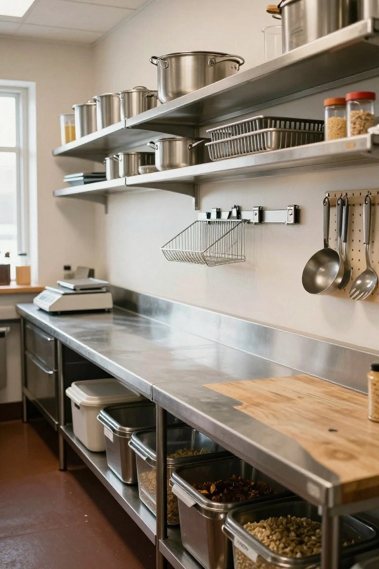 Stainless steel kitchen workspace with multi-level shelves holding stacked pots and pans, hanging utensils on a pegboard, a scale on the counter, and clear bins of grains and seeds stored underneath.