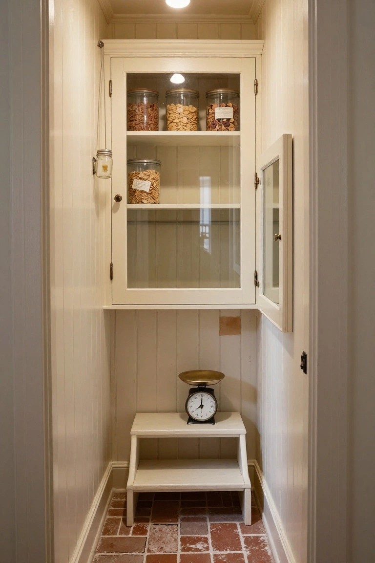 Narrow walk-in pantry with cream glass-front cabinet holding jars of nuts and snacks on shelves, brass scale on low shelf below, white two-step stool, and beige paneled walls on brick floor.