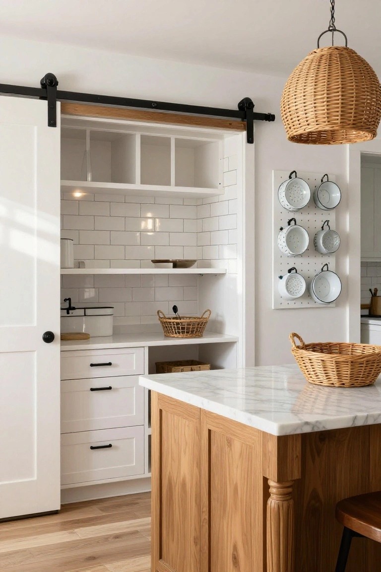 White walk-in pantry with open black sliding barn doors, subway tile interior, white enamelware hanging on pegboard wall, woven baskets on shelves, next to wooden kitchen island with marble top and bar stool.