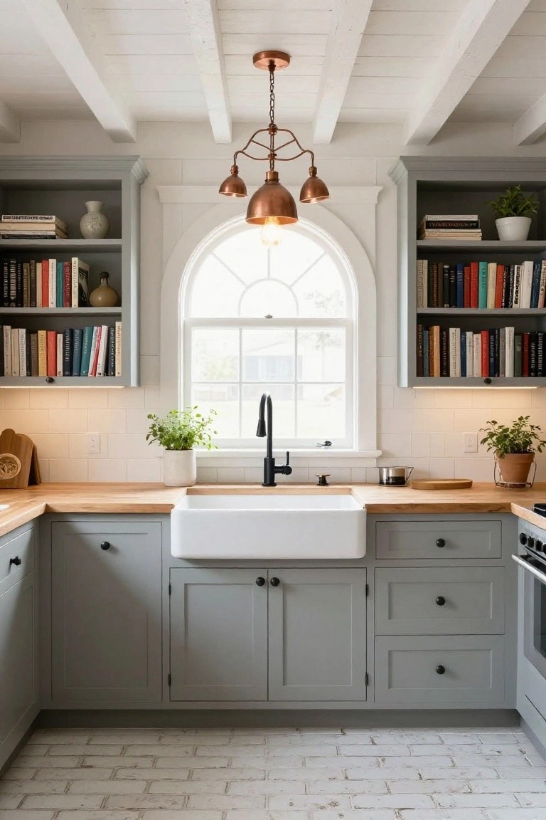 A farmhouse kitchen with light gray cabinets, wooden countertops, white farmhouse sink under an arched window flanked by open bookshelves filled with books and plants, copper pendant lights from exposed beams, and white brick floor tiles.