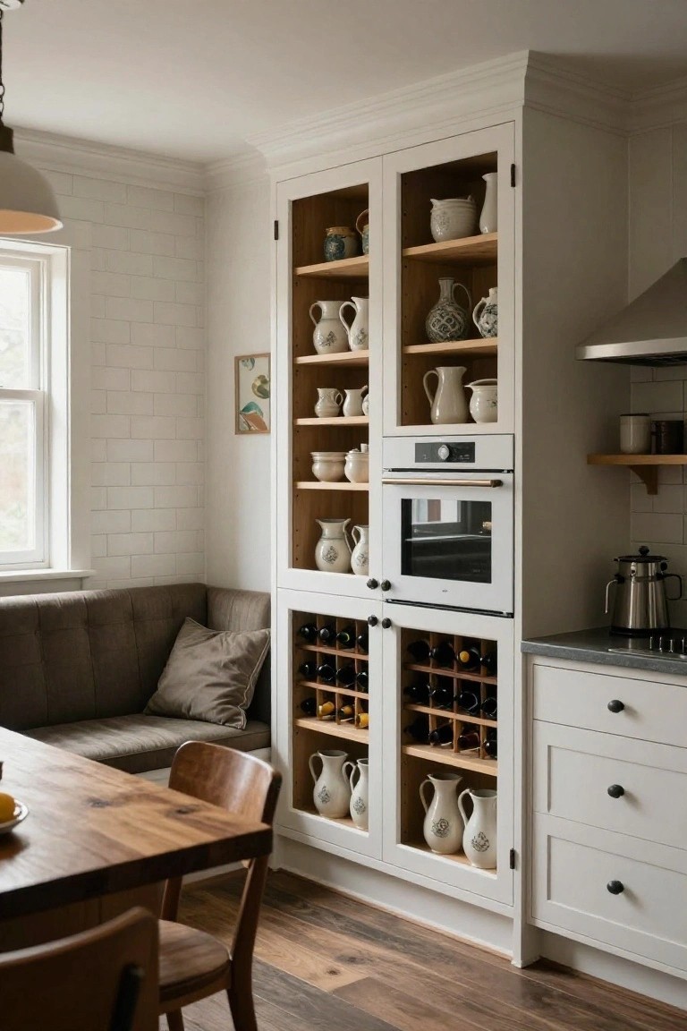 Tall white kitchen cabinet with glass doors displaying white and patterned pottery on wooden shelves, lower section with wine racks and integrated white oven, next to gray banquette seating, wooden table, and subway tile wall.