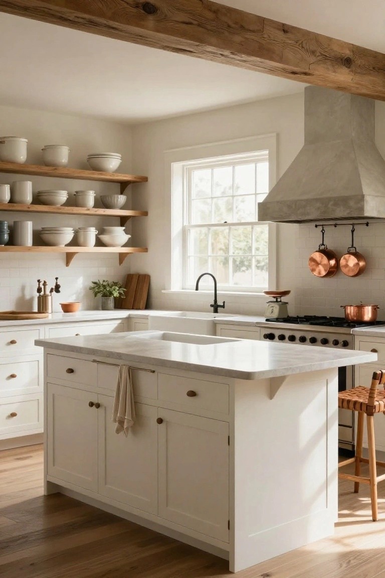 A farmhouse kitchen with exposed dark wooden ceiling beams, white shaker-style cabinets, open oak shelving stocked with white bowls and pottery, a large white marble island, copper pots hanging on a white wall near a plaster range hood, black faucet, and light wood flooring.