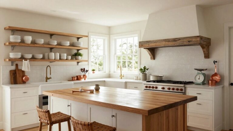 A farmhouse kitchen with exposed dark wooden ceiling beams, white shaker-style cabinets, open oak shelving stocked with white bowls and pottery, a large white marble island, copper pots hanging on a white wall near a plaster range hood, black faucet, and light wood flooring.