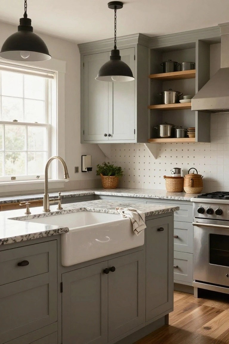 Farmhouse kitchen with sage green lower cabinets and island featuring a white apron-front sink, gray-veined marble countertops, stainless steel appliances, black pendant lights, and open upper shelving with pots.
