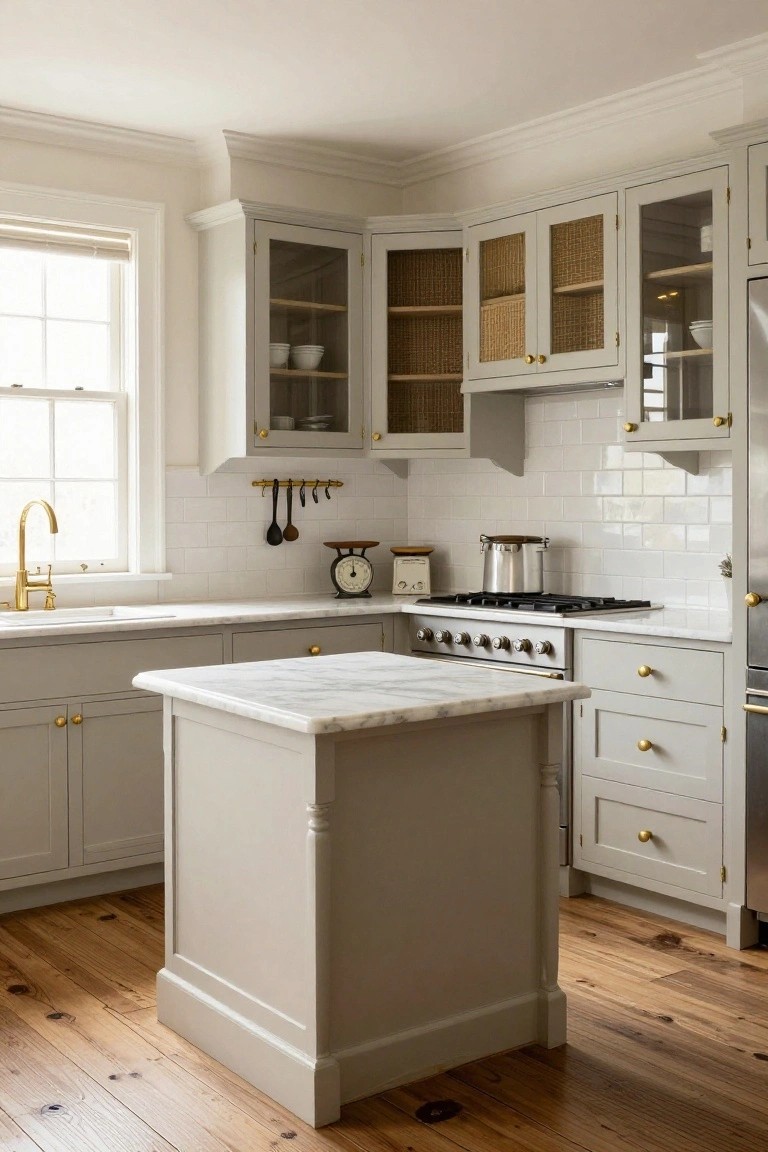 Corner view of a farmhouse kitchen with pale greige shaker-style cabinets, glass-front uppers with cane inserts, white subway tile backsplash, brass hardware and faucet, marble countertops, central freestanding island, stainless steel range and fridge, and hardwood floors.