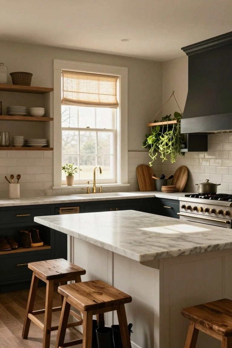 Farmhouse kitchen interior with dark green lower cabinets, white shaker island topped in white marble, four wooden bar stools at the island, subway tile backsplash, brass faucet, and hanging plants near a window overlooking greenery.