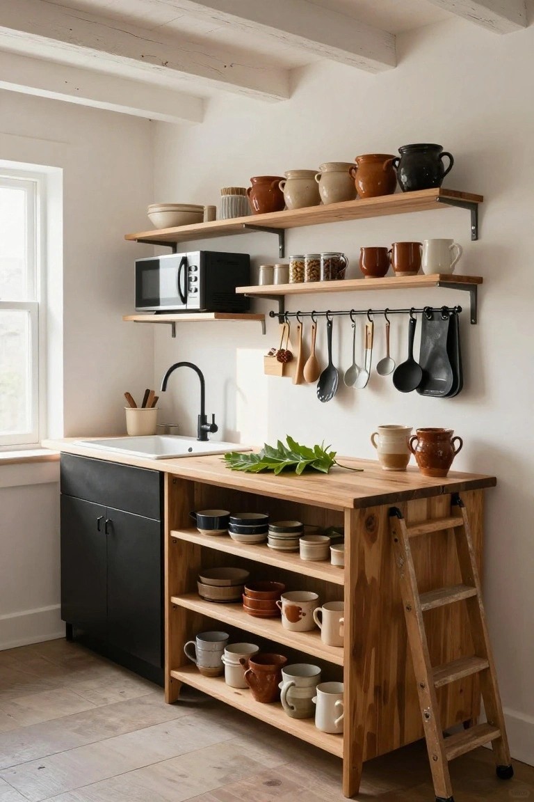 Farmhouse kitchen interior with black lower cabinets under a sink, wooden ladder shelf unit stocked with ceramic dishes, open wall shelves holding pottery jars and a microwave, and utensils on a hanging rail.