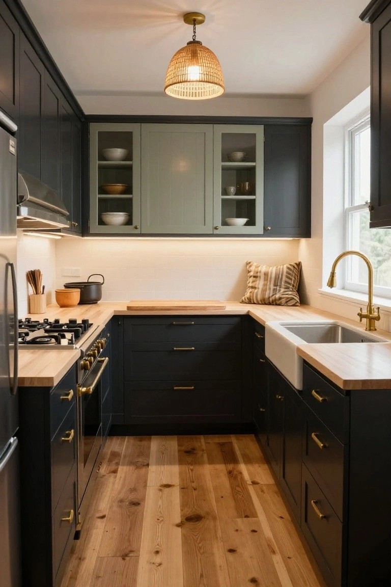 Narrow galley kitchen with navy shaker-style lower cabinets, wood countertops, white farmhouse sink, brass faucet and hardware, sage-toned glass-front upper cabinets, and light oak flooring.