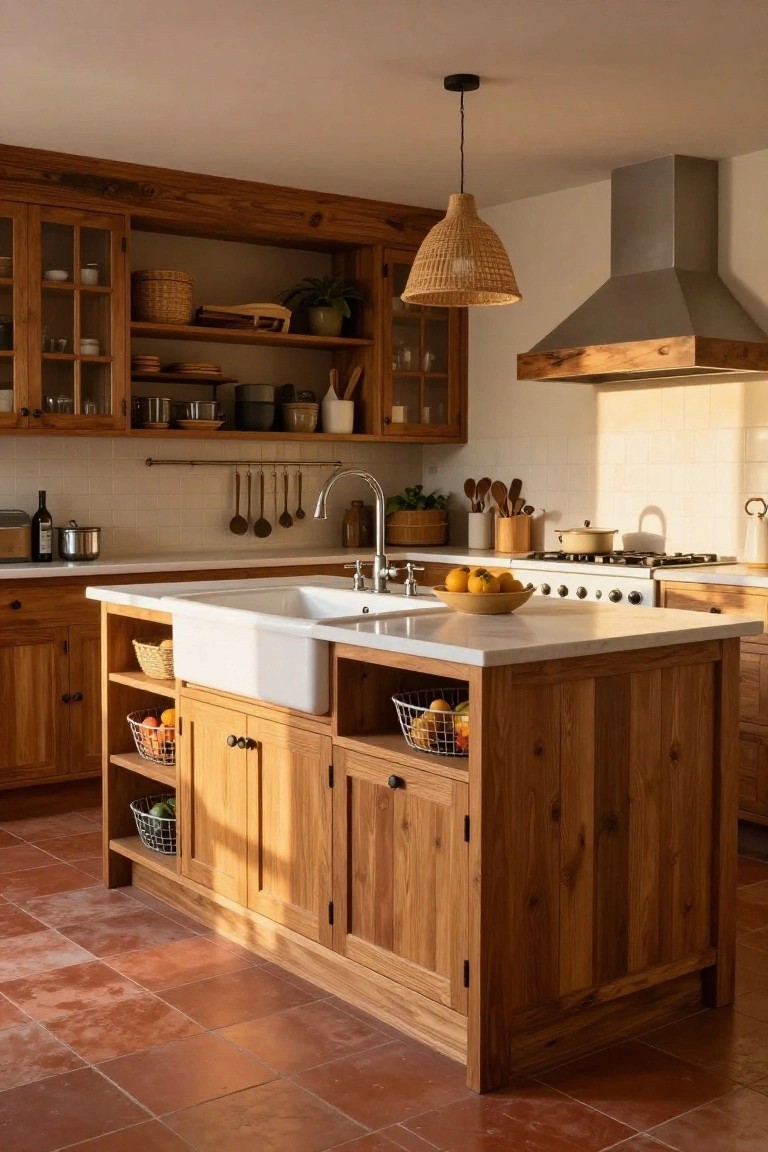 Sunlit farmhouse kitchen with oak wood cabinets and island featuring a white double farmhouse sink, brass faucet, open shelving holding woven baskets of oranges and other fruit, cooktop nearby, and terracotta tile floor.