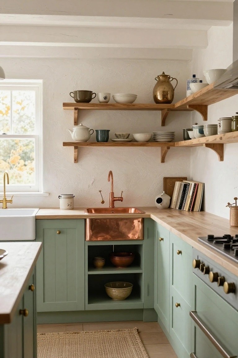 Corner view of a farmhouse kitchen with sage green shaker-style cabinets, copper farmhouse sink with brass faucet, wooden open shelves displaying ceramics and bowls, brass hardware, and a gas cooktop on a wooden countertop.