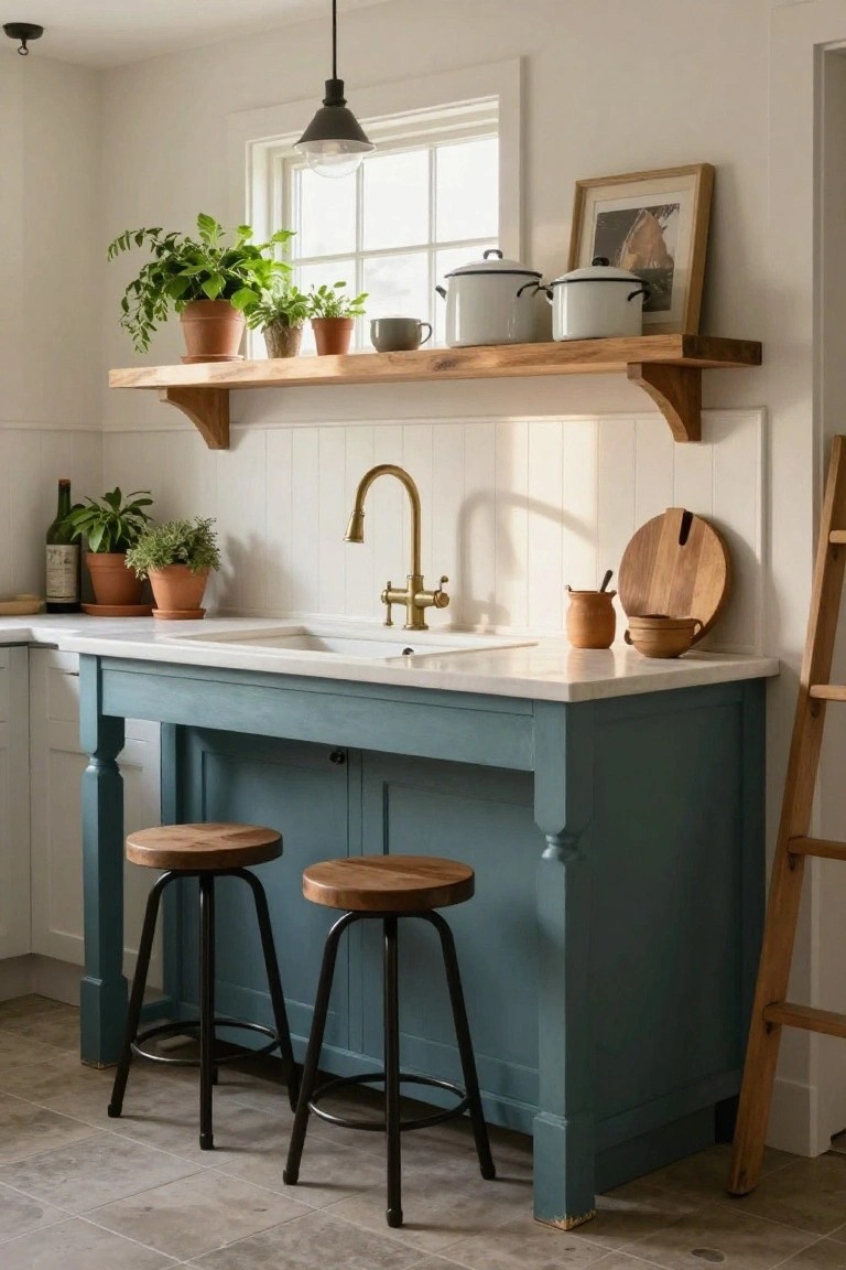 Farmhouse kitchen with teal-painted island base under white countertop and sink, brass faucet, two wood-top stools with black metal frames, open wood shelves with pots and plants, and potted herbs nearby.