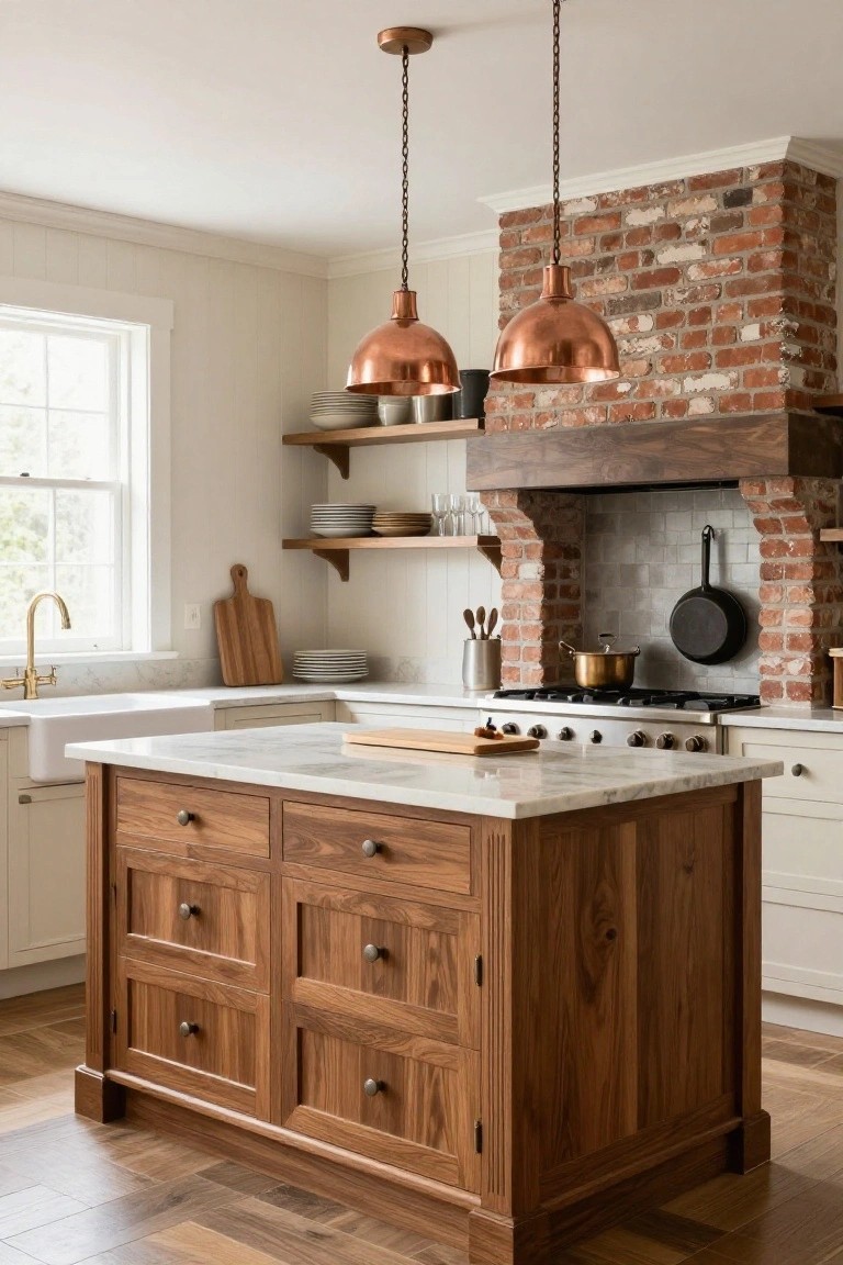 A farmhouse kitchen with cream shiplap walls, large wooden island with marble top and multiple drawers, white cabinets, exposed brick chimney hood, copper pendant lights, gold faucet farmhouse sink, and hardwood floors.