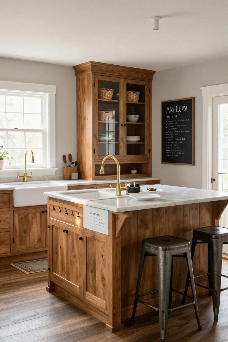 Farmhouse-style kitchen with warm wood cabinets and island, white countertops and farmhouse sink, gold faucets, black metal bar stools, glass-front upper cabinets, and a chalkboard sign on the wall.