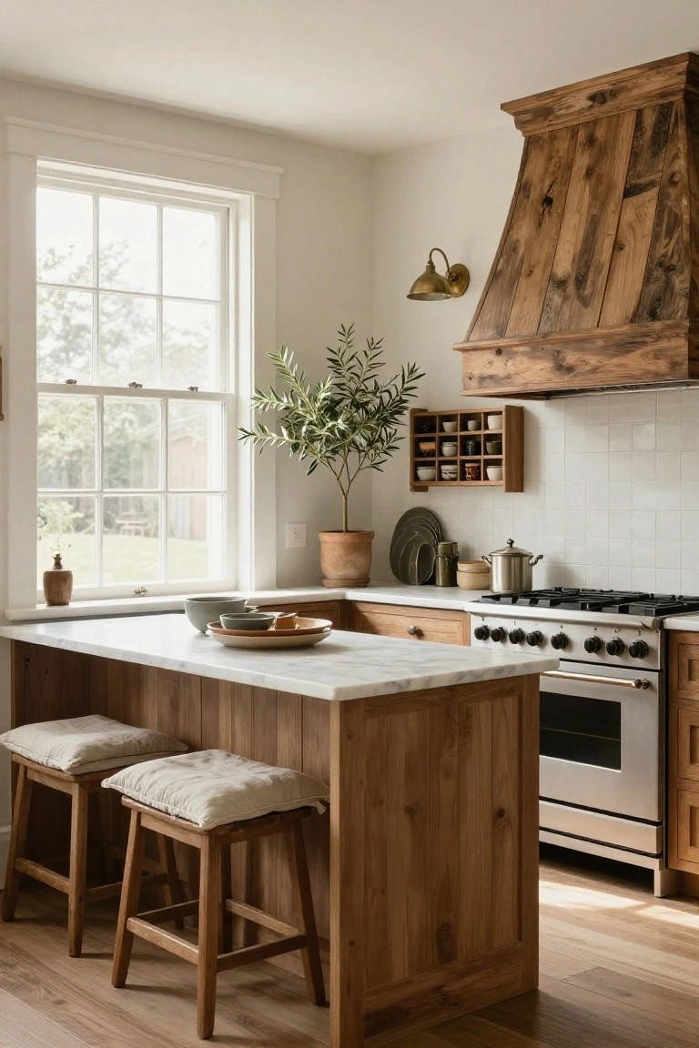A farmhouse kitchen with a central wooden island topped in white marble, two wooden stools with linen cushions, gas range, wooden hood, olive tree in terracotta pot, and large window showing greenery outside.