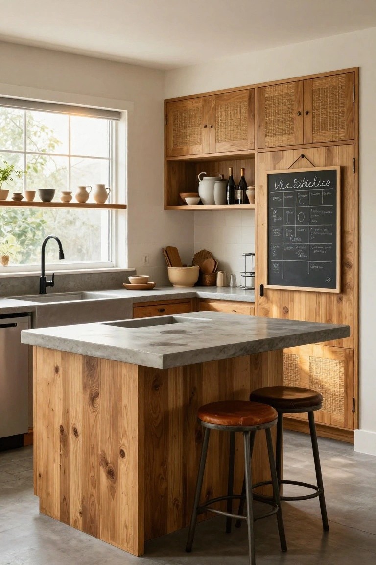 Farmhouse kitchen with light-toned wooden cabinets featuring rattan weave doors, gray concrete countertops and double sink, central wooden island with concrete top and two black metal bar stools with brown leather seats, chalkboard menu on wood-framed wall, window with plants and shelves of pottery.