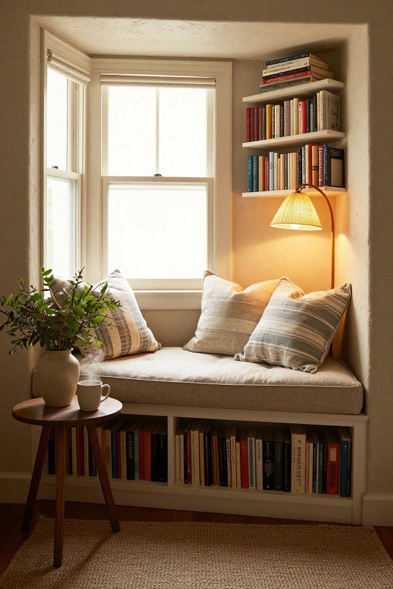 Bay window nook with cushioned bench seat on built-in bookshelves, neutral striped pillows, potted plant, small wooden table holding a vase and mug, rattan lamp, and upper shelves of books.