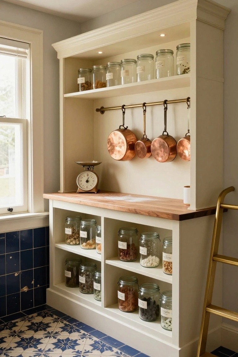 Cream built-in cabinet with open upper and lower shelves stocked with labeled glass jars of dry goods and nuts, butcher block countertop, antique scale, hanging copper pots on brass rod, gold ladder, blue tiled wall, and star-patterned blue and white floor in a kitchen.