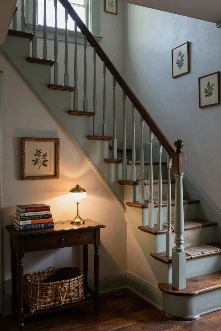Wooden staircase with green-painted risers and balusters, dark wood treads and handrail, beside a wooden console table holding a brass lamp, stacked books, and a wicker basket in a light-colored interior hallway.