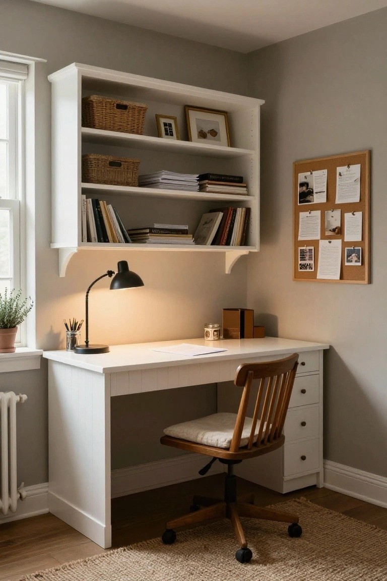 White corner desk with overhead open shelving holding books, wicker baskets, and frames, wooden chair with cushion, black adjustable desk lamp, and potted plant in a light gray room with window and radiator.