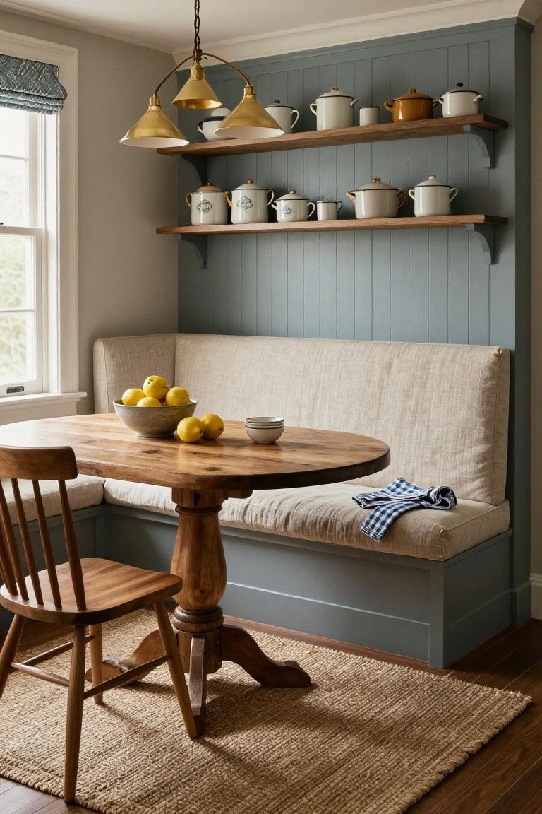 Kitchen nook with beige linen banquette against blue shiplap wall, round wooden pedestal table holding bowl of lemons and small dish, wooden chair, checkered napkin, and open wood shelves displaying white enamelware above.