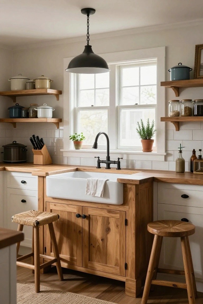A farmhouse-style kitchen with a large white apron sink integrated into a wooden cabinet island, flanked by two woven bar stools, open wood shelves holding pottery and cookware, white subway tile backsplash, and a black pendant light over double windows.