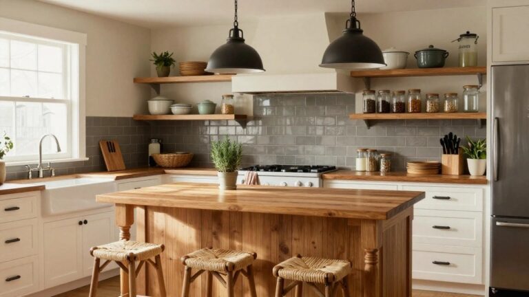 A farmhouse-style kitchen with a large white apron sink integrated into a wooden cabinet island, flanked by two woven bar stools, open wood shelves holding pottery and cookware, white subway tile backsplash, and a black pendant light over double windows.