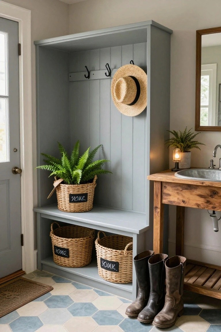 Gray painted built-in cabinet with hooks holding a straw hat, upper basket containing a potted fern plant labeled "YOURS," lower shelves with two labeled woven baskets "HOME" and "YOURS," adjacent wooden sink console with tall leather boots on shelf below, on blue and white hexagonal tile floor.