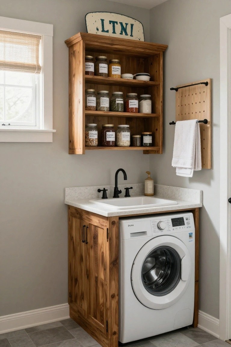 Corner of a laundry room with wooden cabinet base enclosing a white front-load washer, white quartz countertop and black faucet sink above it, open wood shelves with labeled glass jars, pegboard towel rack, and LTNI sign on gray walls.