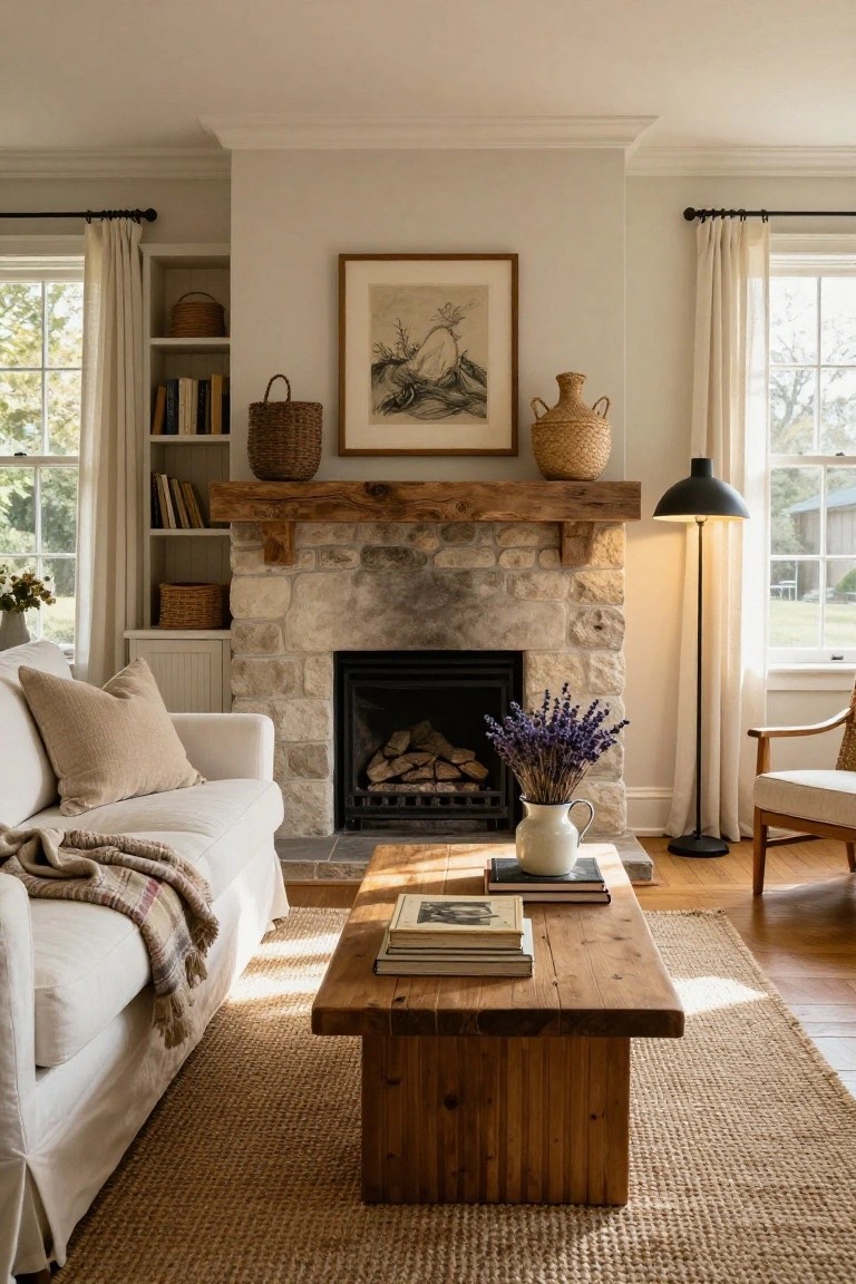 A living room with a fireplace built from irregular light stone blocks under a thick rough wooden mantel, a beige sofa with pillows and blanket, wooden coffee table with books, rattan baskets, and large curtained windows.