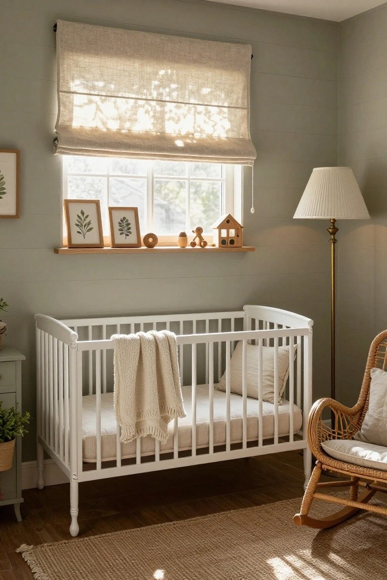 A nursery room with pale sage green shiplap walls, white wooden crib with knit blanket and pillow, wooden shelf displaying toys and frames, rattan rocking chair, brass floor lamp, plants, and linen roman shade on window.