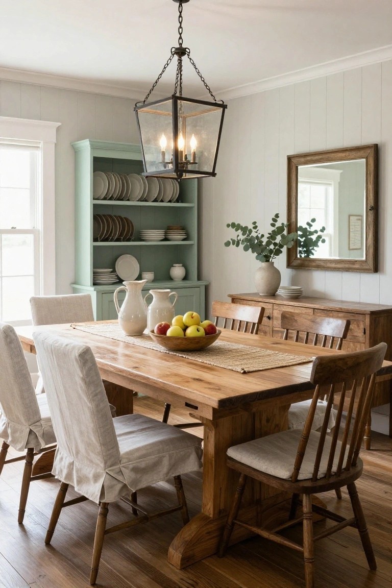 Farmhouse dining room with light gray shiplap walls, mint green hutch displaying white plates, wooden trestle table topped with seagrass runner and bowl of apples, white slipcovered chairs, wooden sideboard with vase of eucalyptus, antique mirror, and black metal lantern pendant light.