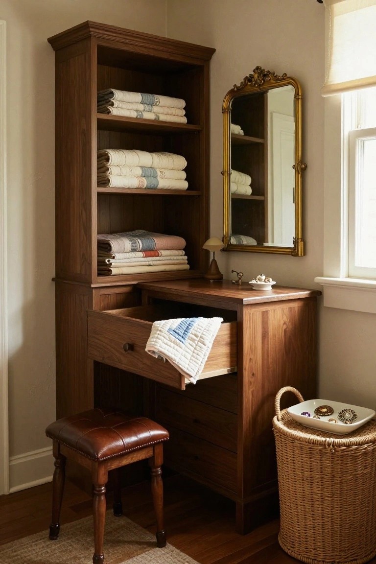 Tall wooden armoire with open shelves holding stacked linens and quilts, integrated desk with open drawer containing a quilt, ornate gold mirror above, leather stool, and wicker basket with dish on white tray in a beige room with wood floor.