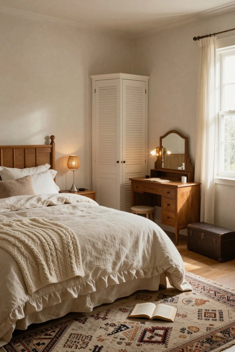 A sunlit bedroom with a wooden bed draped in white ruffled linens and a knit throw, wooden dresser and vanity with mirror, white louvered armoire, rattan lamp, open book on patterned rug, and hardwood floors.