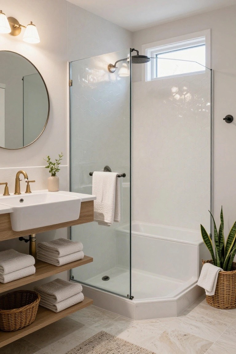 Compact bathroom with light wood vanity and open shelving under white undermount sink, gold round mirror, glass shower with white geometric tiles, plants, and beige tile floor.