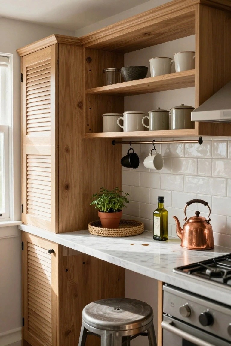 Tall wooden kitchen cabinet with louvered doors on the left, open shelves displaying white ceramic mugs, bowls, and glass jars above a marble countertop with copper kettle, olive oil bottle, potted herb, woven tray, and stainless steel gas stove beside a metal stool.