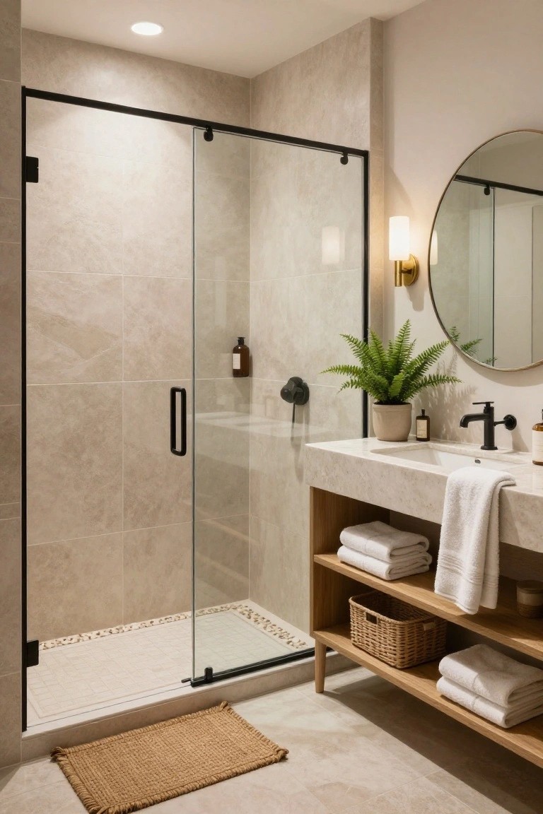 A modern bathroom with a black metal framed glass shower enclosure next to a light wood vanity, round mirror, potted plant, folded towels, and neutral beige tile walls and floor.