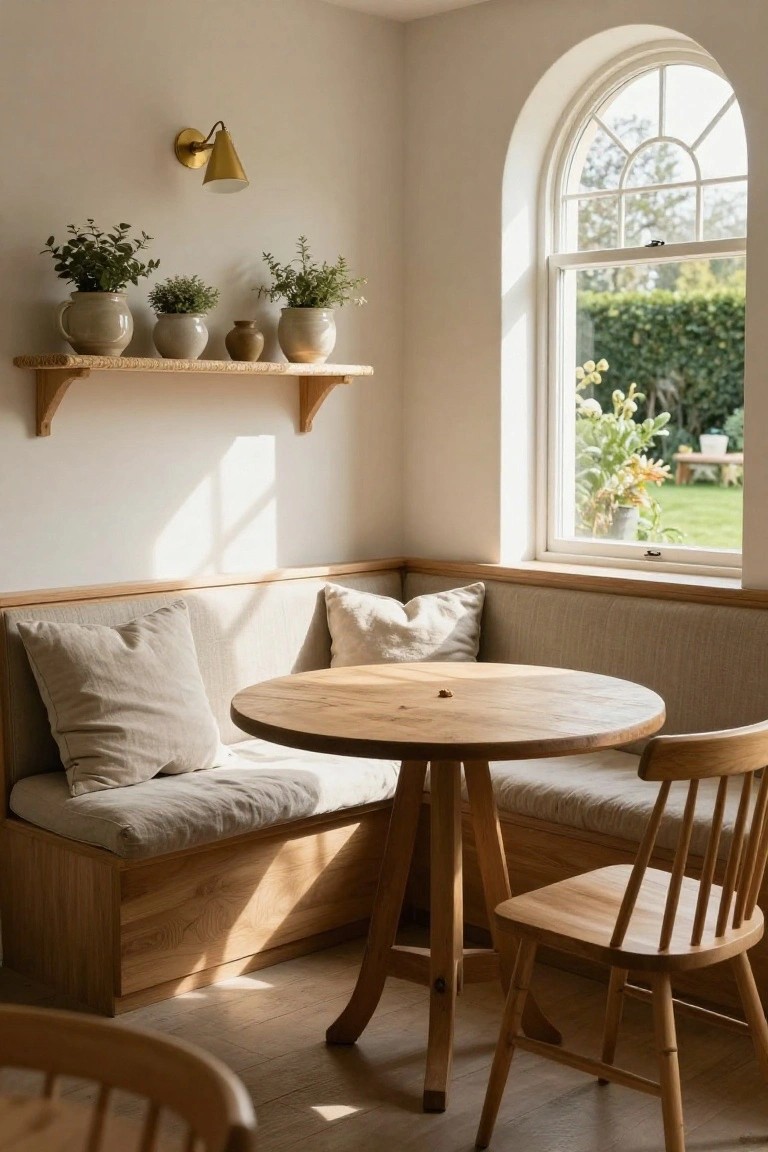 Cozy interior corner with light oak built-in bench seating and cushions around a round wooden table and pedestal base, arched window with garden view, wooden shelves holding potted plants, neutral walls and wood floor.