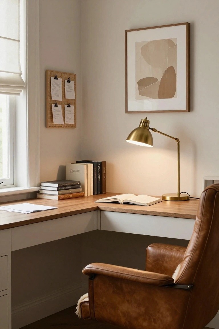 Corner wooden desk with stacked books, open notebook, gold adjustable lamp, brown leather armchair, corkboard, and abstract artwork on beige walls next to a window with sheer blinds.