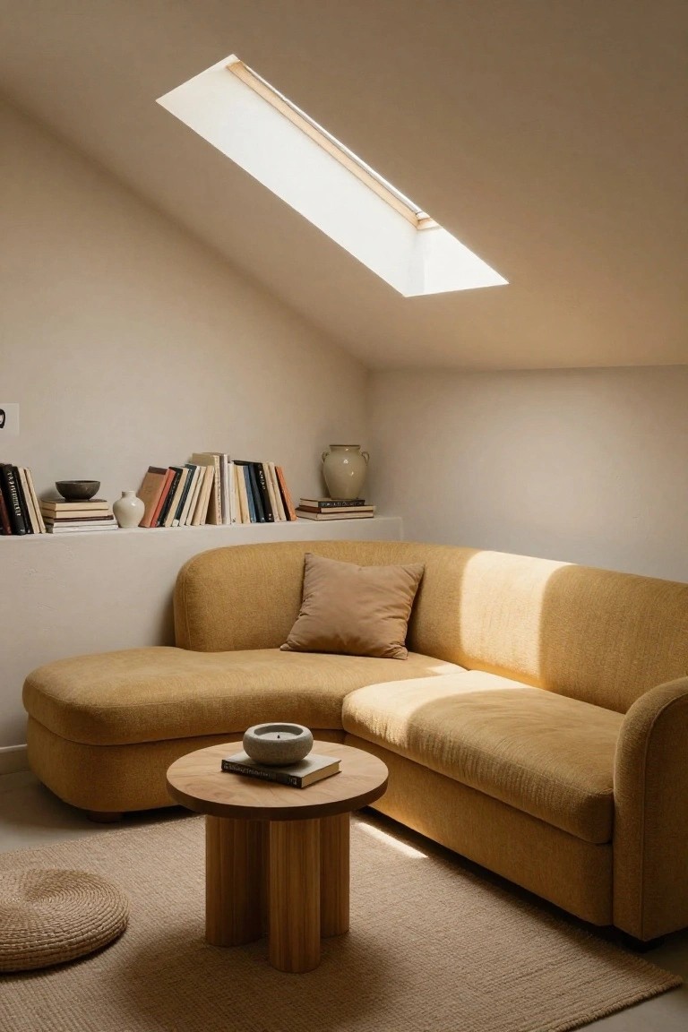 Attic room corner with curved mustard yellow sofa, round wooden side table, floating bookshelves with books and ceramics, beige walls, skylight above, and seagrass rug.
