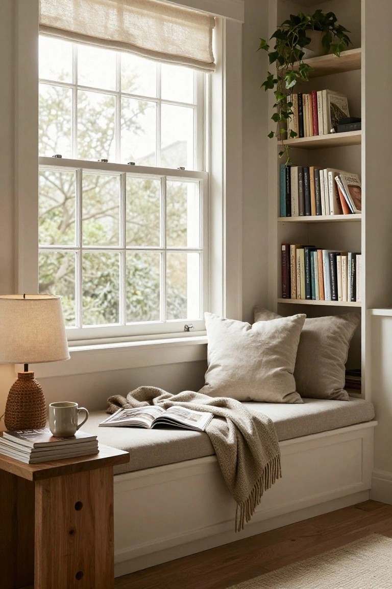 Beige cushioned window seat with pillows and knit throw blanket on a built-in bench, flanked by open white bookshelves filled with books, wooden side table with lamp and mug nearby, linen window shade pulled up, natural light through multi-pane window.