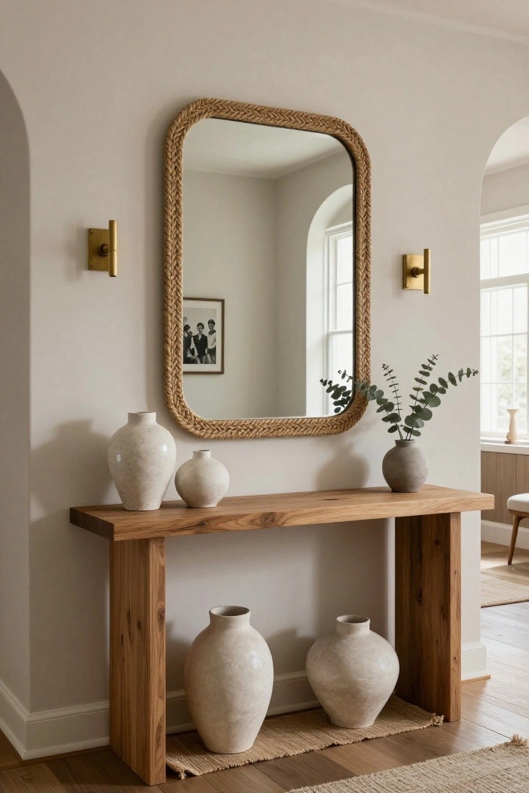 A wooden console table with thick legs holds three white ceramic vases in a beige arched hallway, topped by an oval seagrass-framed mirror flanked by two gold sconces.