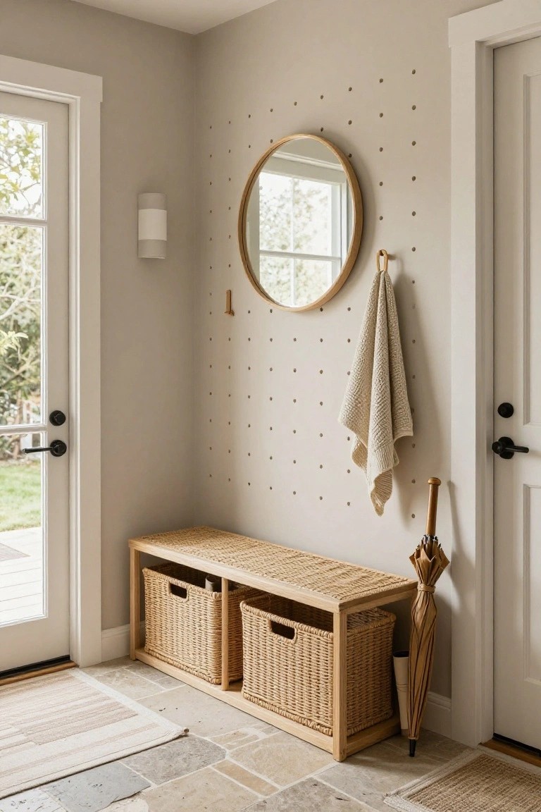 Neutral entryway with woven bench, baskets, round mirror, and umbrella.
