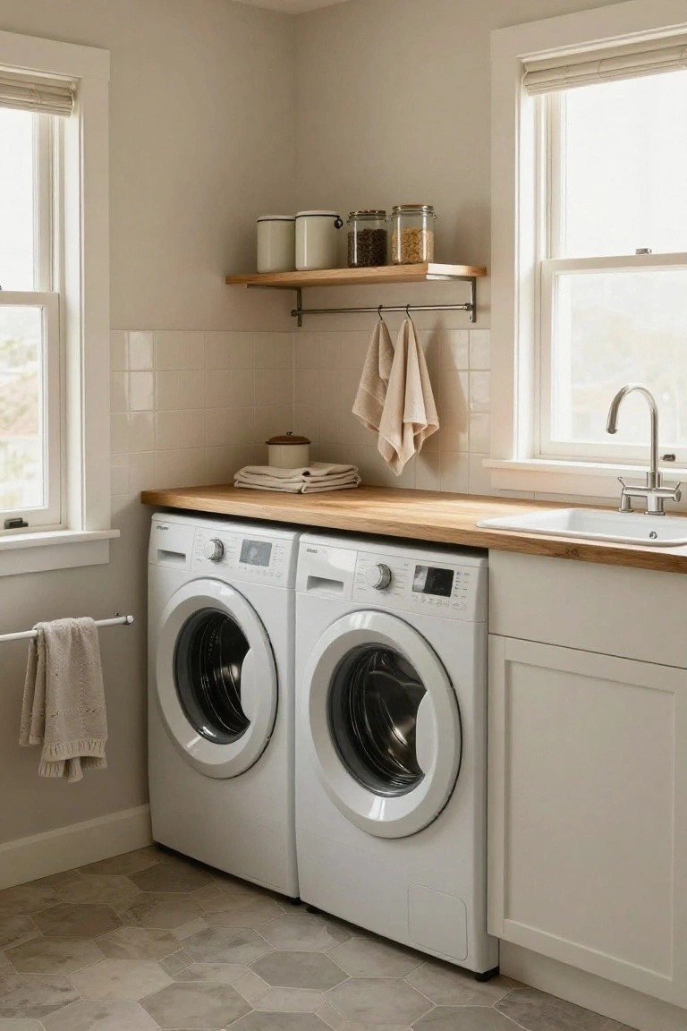 White front-loading washer and dryer under a light wood countertop with an integrated white sink, flanked by white cabinets in a neutral laundry room with beige walls, tiled backsplash, open shelves, and hanging linens.