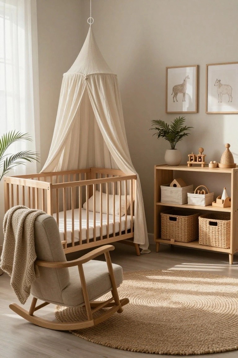 Neutral nursery room with wooden crib under cream fabric canopy, beige rocking chair with blanket, wooden shelves holding toys and baskets, potted plant, and horse artwork on walls.