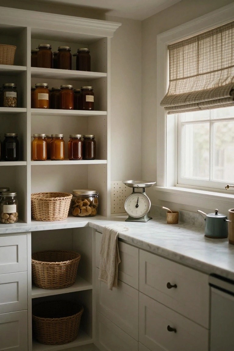 Corner kitchen pantry with white open shelves stocked with glass jars of preserves and dry goods, woven baskets, jars on lower cabinets, a metal scale on marble countertop, and nearby white cabinets.